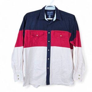 Wrangler Shirt Mens Large Red White Blue USA Pearl Snap Western Cowboy Flag